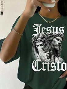 Women's Jesus Christ Bootleg Streetwear Printed T-Shirt Cotton Tshirt Unisex Shirt - màu xanh lá - Xem 2