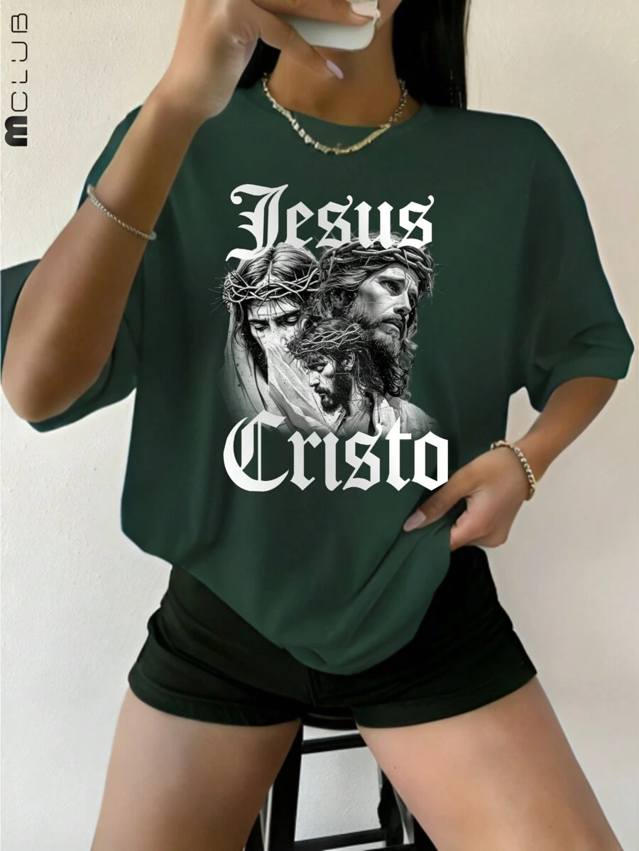 Women's Jesus Christ Bootleg Streetwear Printed T-Shirt Cotton Tshirt Unisex Shirt - màu xanh lá - Xem 1