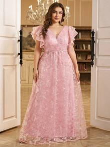 UNITHORSE Plus Size V-Neck Peplum Sleeves Sequin Embroidered Splice Formal Evening Ball Gown Dress For Wedding Guest, Graduation, Dinner - Pink - View 1