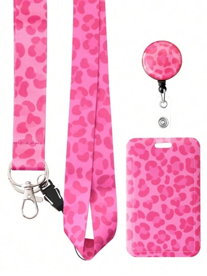 Conjunto de cordón de leopardo rosa para maestros, incluye portador de tarjeta de identificación y clip retráctil, adorable cordón de cuello para colgar llaves, llaveros, tarjetas de crédito, pases, encantos de teléfono, con llavero de metal, regalo ideal para maestros, estudiantes, empleados, también adecuado como accesorios para automóviles, encantos de bolso, lleno de estilos góticos y Y2K