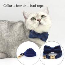 Customized: Luxury Velvet Sky Blue Personalized Cat Collar Bow Tie Leash Set, Customized Cat/Dog Name Tag, Comes With Golden Bell, Pet Engraved Gift - Multicolor - View 27