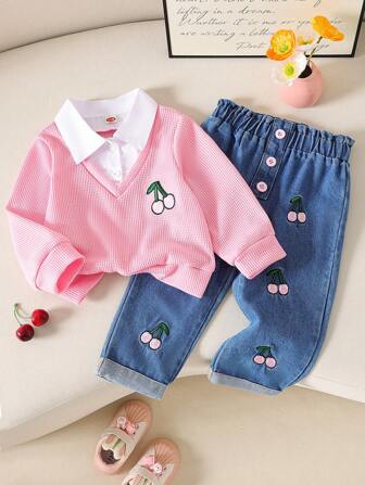 Baby Girl Mode Casual Cherry Mönster Lapel Långärmad Sweatshirt + Snygg Cherry Denim långbyxor 2st set