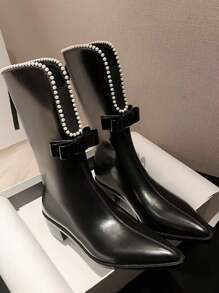 复古法式英伦白色牛仔女靴，2024新款蝴蝶结珍珠中筒靴，时尚百搭中筒靴 - 黑色 - 查看 5