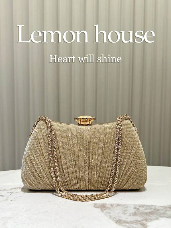 1pc Glitter Gold Folding Chain Decor Handbag, Metal Shoulder Chain Crossbody Bag, Fashion Elegant Clutch Evening Bag, Suitable For Formal Events, Weddings, Parties, Gifts For Women Valentines