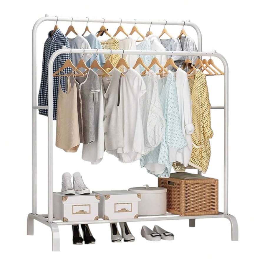 MIKOMIKA Heavy Duty Clothes Rack With Wheels, Portable Metal Garment Rack With Double Rails And 2-Layer Storage Shelf, Freestanding Hanger For Bedroom, Holds 40kg - White - View 1