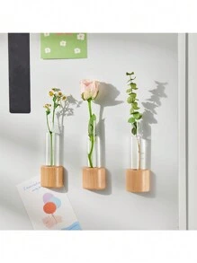 Set de 3 piezas de jarritos de tubo de ensayo de vidrio con flores y diseño magnético, vasos decorativos creativos para colgar en la pared y adherir magnéticamente a refrigeradores y otros electrodomésticos, regalo ideal para festividades - Multicolor - Ver 5
