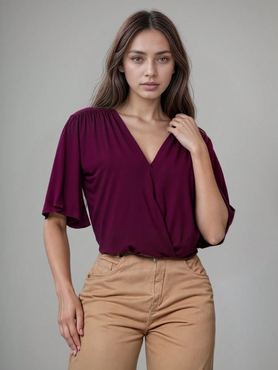 Women's Wrap Blouse Fashion Casual Elegant Evangelical - 紫紅色 - 查看 1