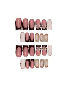 24pcs/Box Luxury Flower Floral Glitter Pearl Gradient Striped Nail Tips, Chic & European-American Style Medium Square False Nails, Suitable For Girls And Women, With 1pc Gel Polish And 1pc Nail File Press On Nails