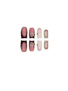 24pcs/Box Luxury Flower Floral Glitter Pearl Gradient Striped Nail Tips, Chic & European-American Style Medium Square False Nails, Suitable For Girls And Women, With 1pc Gel Polish And 1pc Nail File Press On Nails