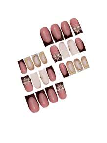 24pcs/Box Luxury Flower Floral Glitter Pearl Gradient Striped Nail Tips, Chic & European-American Style Medium Square False Nails, Suitable For Girls And Women, With 1pc Gel Polish And 1pc Nail File Press On Nails