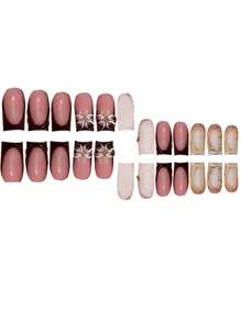 24pcs/Box Luxury Flower Floral Glitter Pearl Gradient Striped Nail Tips, Chic & European-American Style Medium Square False Nails, Suitable For Girls And Women, With 1pc Gel Polish And 1pc Nail File Press On Nails