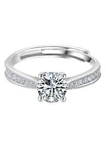 1入時尚個性化金色不鏽鋼禮品盒裝經典四爪鉆石鑲嵌1克拉立方氧化鋯可調節戒指,適用於女性特殊場合 - 銀色 - 查看 4