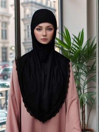 2pcs Fashionable Soft Headscarf With Lace Trim, Versatile Head Wrap