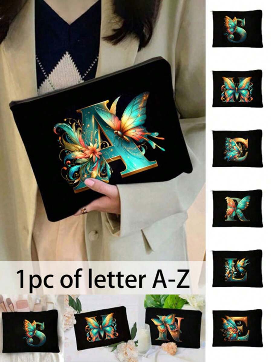 A-Z字母蝴蝶印花拉链化妆包,零钱包化妆包,户外化妆包,医疗包,数码包,洗漱包,多功能帆布包,旅行必备轻便收纳包,旅行打包袋:户外化妆的完美之选!这款产品适合作为礼物送给女性、母亲、老师、朋友,也是情人节礼物、学生礼物等的理想选择。 - 黑色 - 查看 1