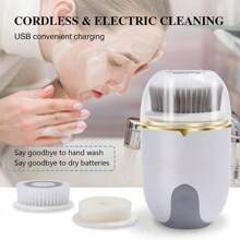Máy rửa mặt điện 3 trong 1 siêu âm, làm sạch sâu lỗ chân lông, lông mềm, massage, tẩy tế bào chết, làm sạch lớp trang điểm, rửa mặt - trắng - Xem 2