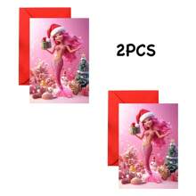 1pc/2pcs Elegant Design, Adorable Mermaid Printed Christmas Invitations, Greeting Cards, Birthday Cards, Perfect Christmas Gift, With Envelopes, Suitable For Family, Friends, Daughters, Nieces, Granddaughters