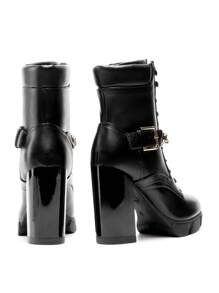 Women's Ankle Boots Lace Up Platform Boots Chunky Heel Knight-Style Boots Chain Decoration Metallic Buckle Punk-Inspired Ankle Boots With Non-Slip Lug Sole - 黑色 - 查看 7