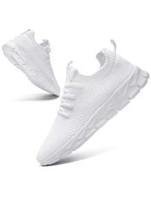 أحذية رياضية كاجوال للرجال، تصميم رباط أنيق، أحذية جري من الشبك للخارج والمشي، أحذية رياضية بنمط عصري مضادة للانزلاق باللون الأبيض