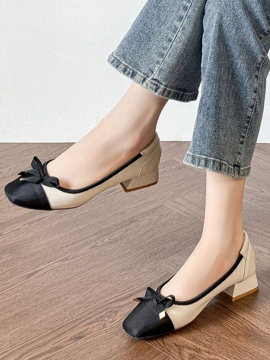 Women's Flat Shoes New Style Chunky Heel Slip-On Bowknot Loafers