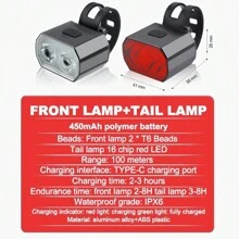 1 件 USB 可充电亮红白自行车灯组，山地自行车前灯和尾灯，适合户外骑行 - 彩色 - 查看 5