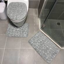 3 件套吸水防滑浴室和入口浮雕鹅卵石软珊瑚绒地毯垫套装，防脱落 - 彩色 - 查看 1