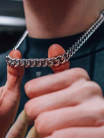 1pc Unisex Titanium Steel Polished Cuban Link Necklace, Hip-Hop Style Chain Necklace