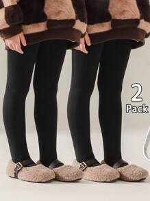 Bộ 2 quần tất cho bé gái, màu trơn cổ điển, thường ngày, lót nhiệt, giữ nhiệt, thoải mái, mềm mại, thời trang, đa năng, thích hợp mặc hàng ngày vào mùa thu/đông hoặc làm quà tặng ngày lễ - màu đen - Xem 8