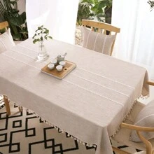 1 Stück einfarbige Streifentischdecke mit Quasten, einfach elegante, wasserdichte und waschbare Tischdecke, geeignet für Picknick, Camping, Hochzeit, Geburtstag, Thanksgiving, Restaurant und Buffet, Küchen- und Esszimmer Dekoration