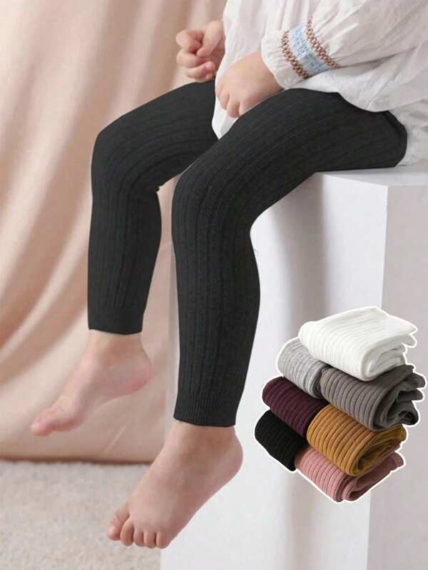 1 peça 0-8 anos crianças cor sólida moda malha canelada 3/4 leggings, camadas quentes, resistente a mosquitos, adequado para dança, usado o ano todo