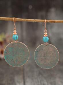 1 Pair Vintage Beaded Turquoise Round Alloy Earrings - Ancient Green - View 1