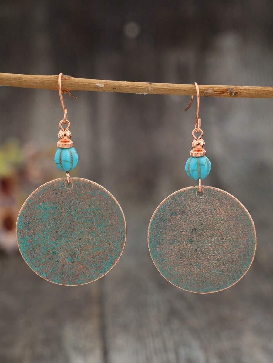 1 Pair Vintage Beaded Turquoise Round Alloy Earrings - Ancient Green - View 1