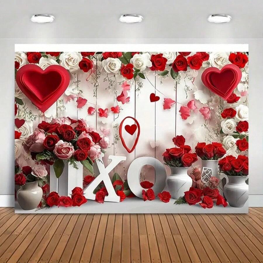 A Valentine's Day Red Rose White Wooden Countryside Photography Background Love Bouquet Balloon Curtain Background Romantic Banner Decoration Couple Photo Props - Multicolor - View 1