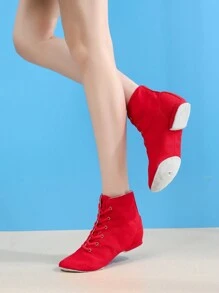 红色系带靴，高帮爵士靴，成人，1cm低跟，可分离鞋底软舞鞋，芭蕾舞，室内外舞蹈，体操，瑜伽，舒适，耐用，轻便 - 紅色 - 查看 3