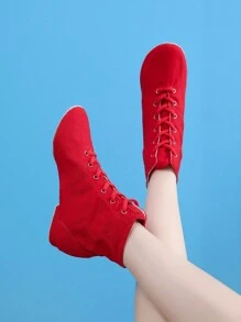 红色系带靴，高帮爵士靴，成人，1cm低跟，可分离鞋底软舞鞋，芭蕾舞，室内外舞蹈，体操，瑜伽，舒适，耐用，轻便 - 紅色 - 查看 5