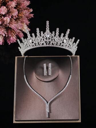 1 套优雅新娘配饰水晶皇冠、简约项链和耳环 4 件套首饰套装，适用于婚纱、新娘礼服、婚礼、派对、招待会