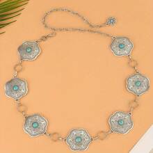 Dây thắt lưng kim loại thời trang phong cách phương Tây Boho Chic họa tiết hoa ngọc lam dành cho nữ, thích hợp cho lễ Halloween, Giáng sinh, Năm mới, Mùa xuân, Mùa hè, Mùa thu, Mùa đông - bạc màu ngọc lam - Xem 12