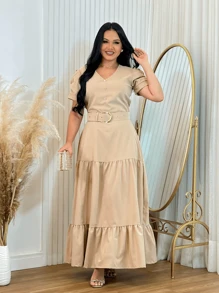 Long Loose Party Dress With V-Neck Belt - Beige - View 5