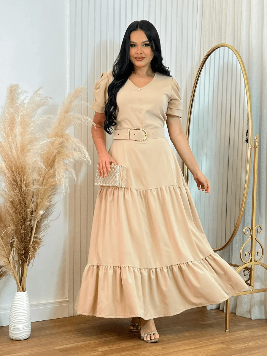 Long Loose Party Dress With V-Neck Belt - Beige - View 1