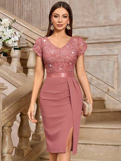 MIUSOL Elegant Sequin Lace Puff Sleeve Ruched Split Thigh Cocktail Party Bodycon Dress, Prom Semi Formal Dress, For Birthday, Wedding Guest, Graduation, Dinner, Homecoming