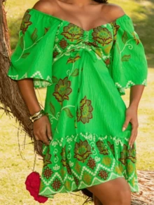 NADIA STRAPLES PRINTED DRESS WITH NECKLINE - 綠色 - 查看 3