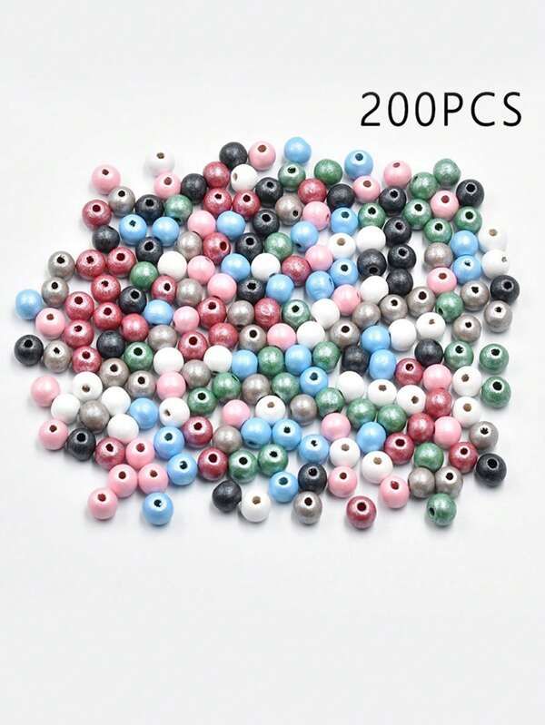 200pcs 8mm Colorful Wooden Beads, Assorted Color Unfinished Round Loose Spacer Beads For DIY Bracelet, Necklace, Earring Accessories
