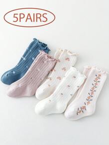 5 đôi tất trẻ em, tất trẻ em, tất chống trượt cho trẻ mới biết đi có viền ren, thiết kế tai nấm, mùa xuân/thu - Nhiều màu - Xem 9