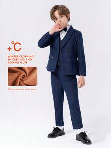 4pcs Set Young Boys Thicked Velvet Suit, Including Plaid Jacket + Vest + Pants + Bow Tie , Warm Winter Formal Outfit For Christmas, School Events, Party Etc. - Blue - View 2