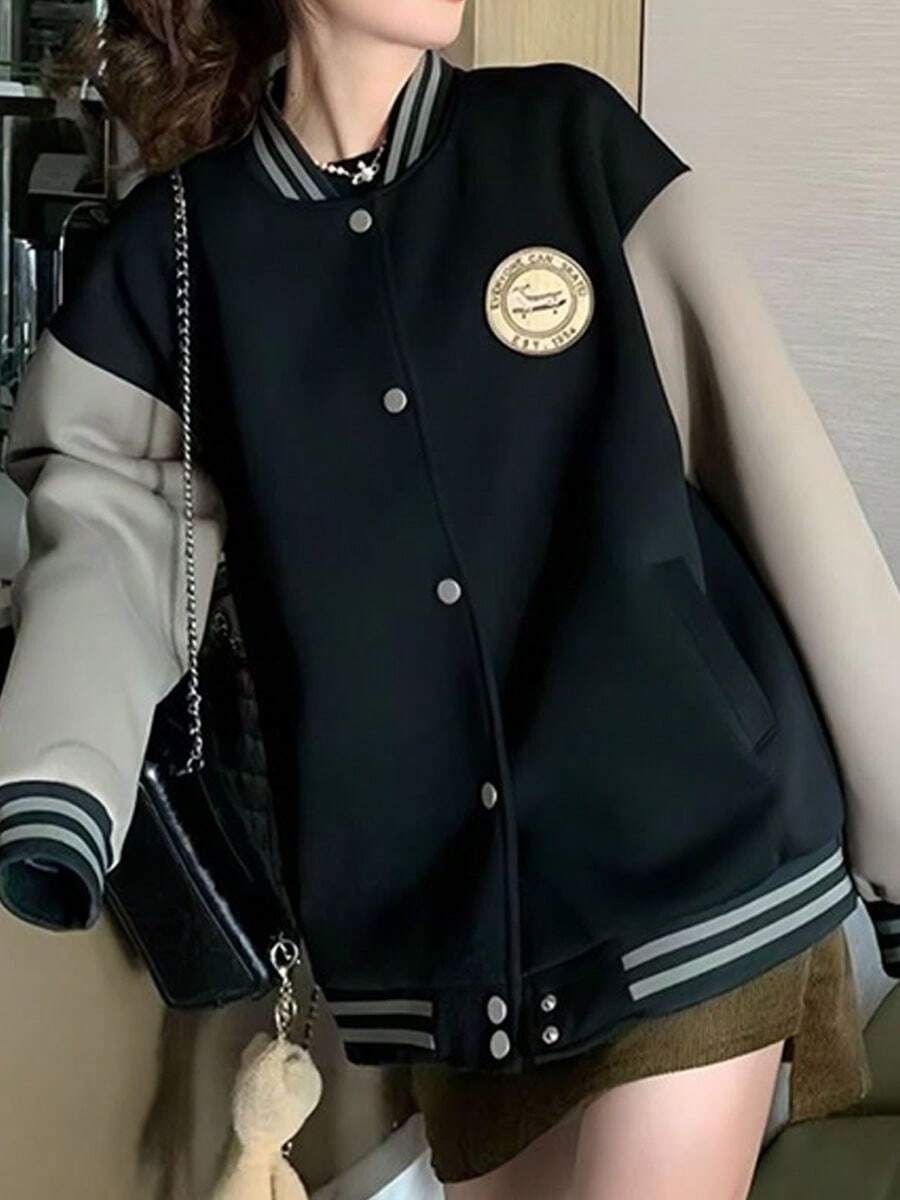 Bordado Acolchado Engrosada Americana Retro Chaqueta Béisbol Abrigo Mujeres Invierno Cazadora Suelta - Negro - Ver 1
