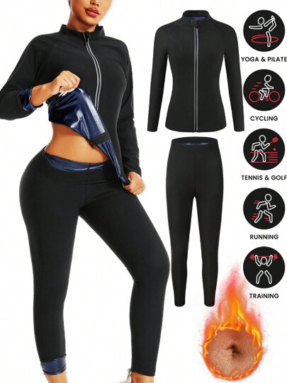 1 Set 2025 New Design Women Outdoor Running/Fitness Long Sleeve + Long Pants, Top + Bottoms Set, Zipper Design, Sauna Sweat Suit For Weight Loss, Waist Training, Suitable For Autumn And Winter, Includes Top And Pants Gym Accessories For Belly Slimming Girdles, Lumbar Girdles For Belly Slimming Corset