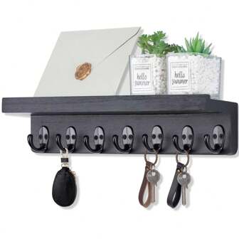 Soporte de pared para llaves, organizador de pared de madera para el hogar con 4 ganchos y estante de exhibición, estante de pared para sala de estar, entrada, cocina, baño, organizador, luces de jardín, ganchos colgantes de pared, decoración navideña, soporte para llaves, soporte de pared para llaves, perchero de llaves
