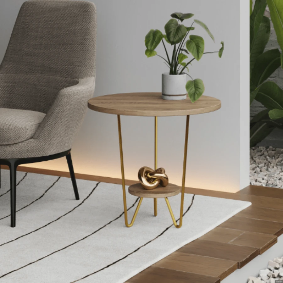Italy Sofa Side Table Golden Iron Base Round Wooden Top Home Living Room Decoration - Natural Oak - Xem 1