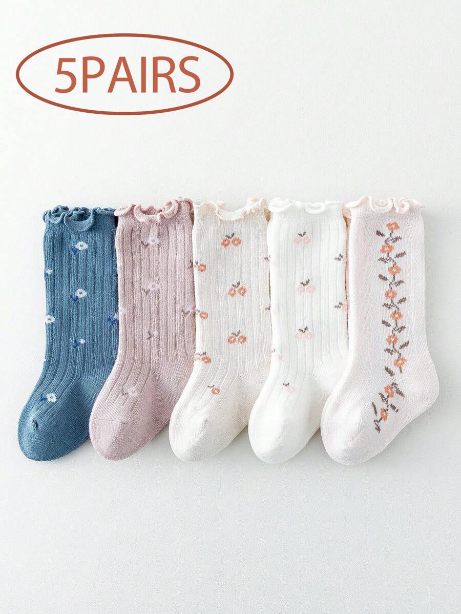 5 đôi tất trẻ em, tất trẻ em, tất chống trượt cho trẻ mới biết đi có viền ren, thiết kế tai nấm, mùa xuân/thu - Nhiều màu - Xem 1