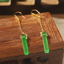 1 对时尚精致绿松石竹节流苏吊坠耳环，中国风，简约设计，百搭 - 綠色 - 查看 4