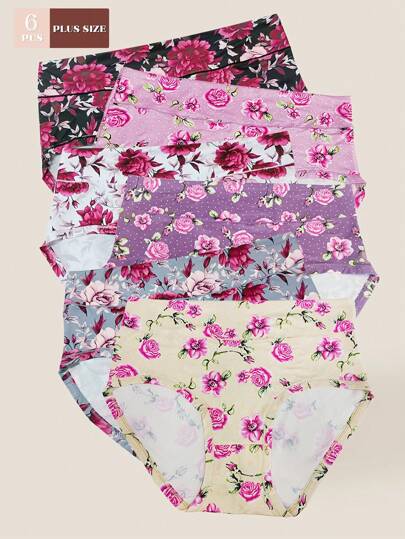 6 Pairs Plus Size Women Floral Print Comfortable Stretchy Briefs